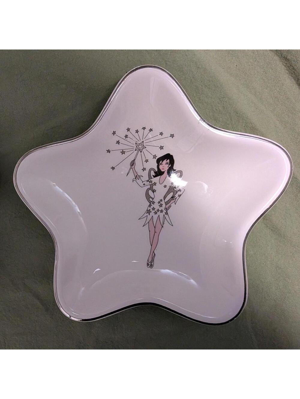 MCM Mid-Century Modern Star Ceramic Trinket Dish w Fairy & Silver Trim Set of 2